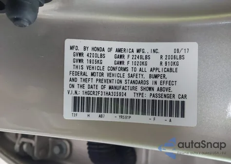 2017 Honda Accord Lx из США, поврежденный, VIN 1HGCR2F31HA305904